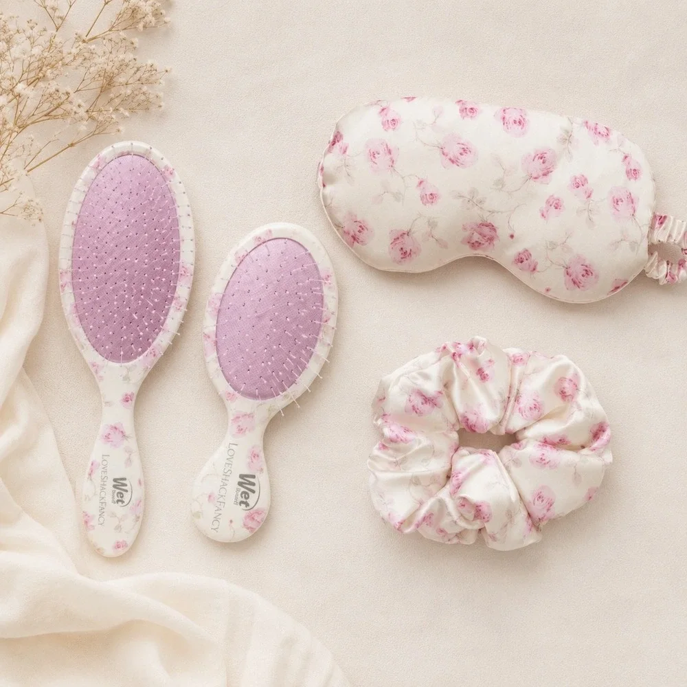 LoveShackFancy Wet Brush Goody Set Floral Detangler Sleep Mask Scrunchie Pink